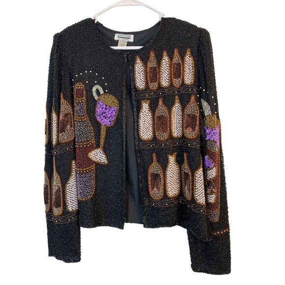 VTG 80s Gopal Black Beaded Jacket Champagne Theme 100% Silk Lined M 8695 - Picture 12 of 13